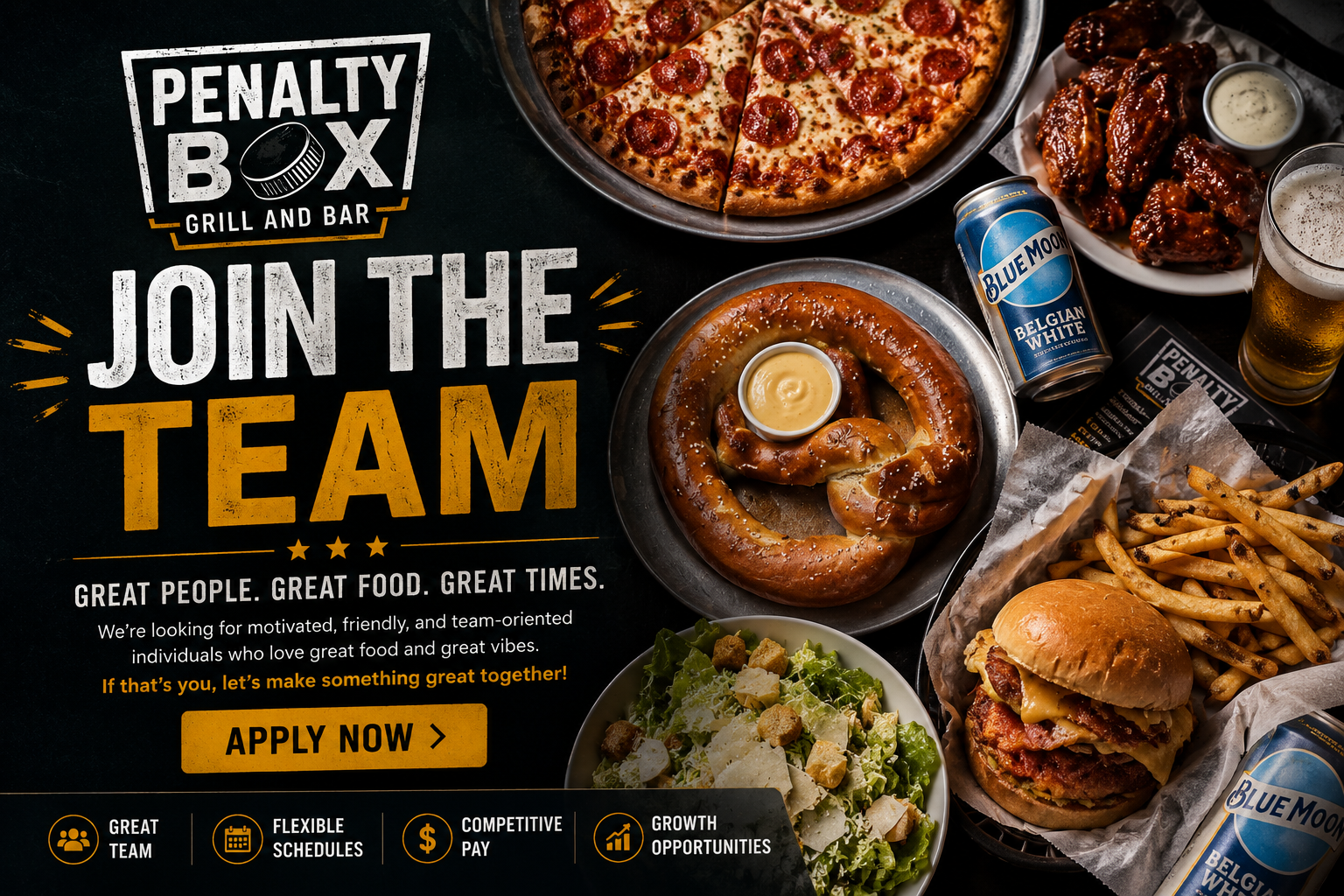Penalty Box Bar and Grill hiring graphic with food, drinks, and Join the Team text.